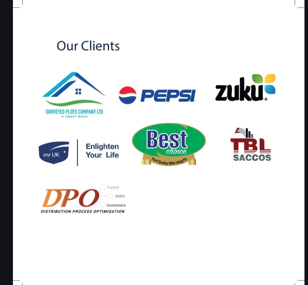 Gravimark Solutions clients including Vodacom, Pepsi, Zuku, Surveyed Plots Company Ltd, mr UK, Best Choice, TBL SACCOS and DPO